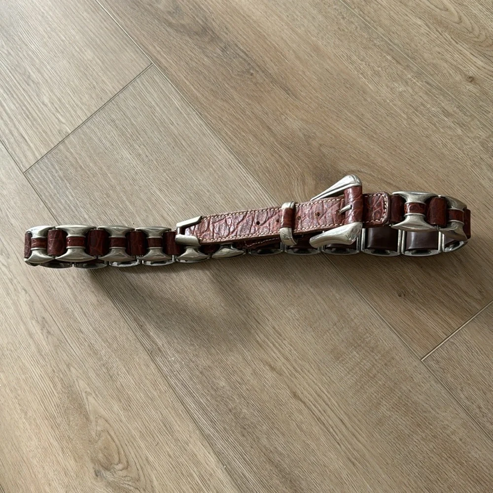 Vintage Leather Brown Unique Heavy Silvertone Embellished Woven Belt